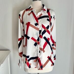 Lulus Camrose Geometric Print Button-Up Collared Long Sleeve Top, White, Medium